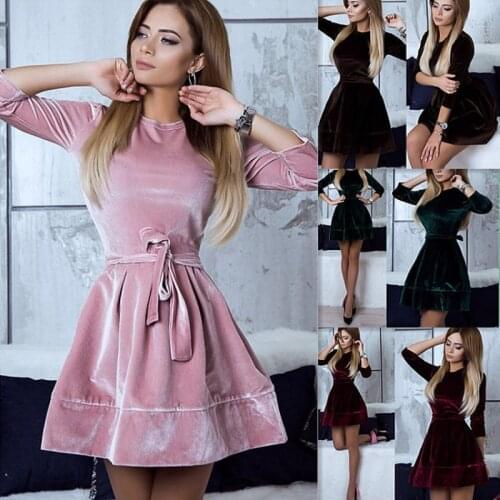 Dress women vestidos velvet long sleeve dresses basic pink robe femme clothes a-line plus size o-neck dress