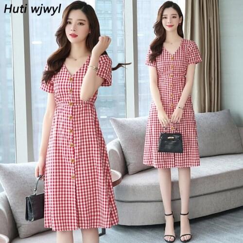 2021 Summer Plus Size Red Beach Sundress Plaid Cotton Midi Dresses Women Elegant Bodycon Tshirt Dress Party Short Sleeve Vestido