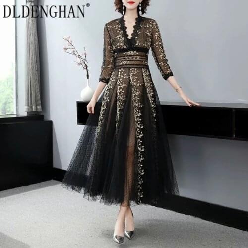 DLDENGHAN Fashion Runway Designer Autumn Black Dress Women V-Neck 3/4 Sleeve Embroidery Elegant Party Mesh Long Dresses