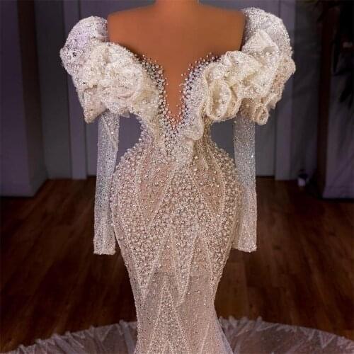 2021 Fancy Mermaid Evening Dress Ruffles Off the Shoulder See Thru Prom Gowns Pearls Long Sleeve Women Second Reception Gowns
