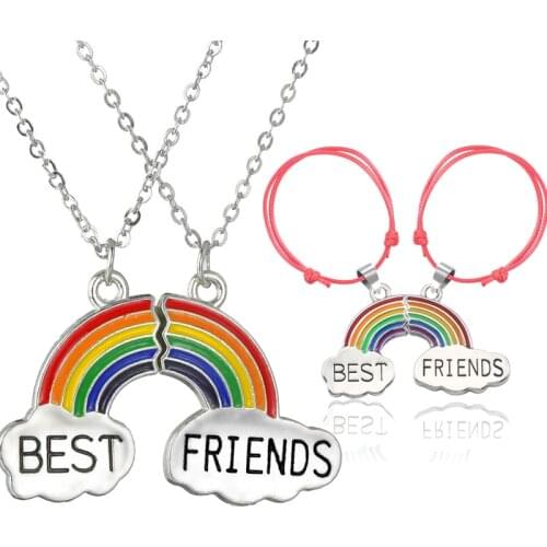 2 Pcs/set Women Stitching Heart Rainbow Friendship Couple Necklace Fashion Best Friend One Pair Pendant Necklace Choker Jewelry