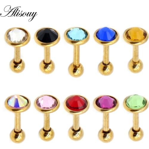 Alisouy 1pc Steel Stud Earring Tragus Cartilage Barbell with Gem Stone Fashion Ear Body Piercing Jewelry For Women 16 Gauge 1/4"