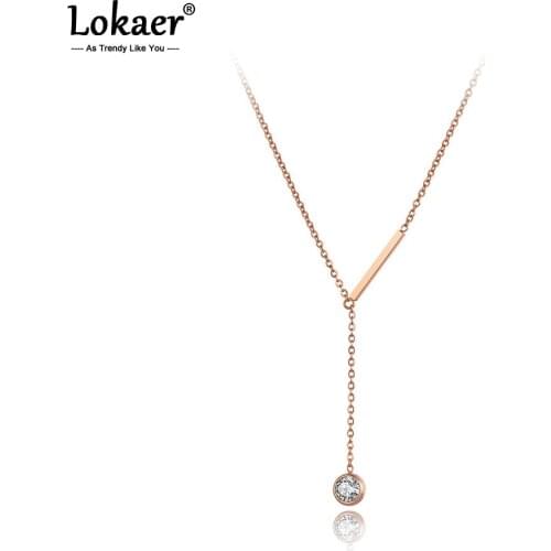 Lokaer Simple Office Style Titanium Stainless Steel CZ Crystal Chain Choker Necklace Rose Gold Pendant Necklace For Women N20110
