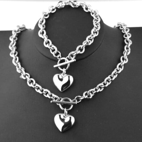 1Set Women Ladies Stainless Steel Chain Heart Shaped Toggle Bracelet Pendant Necklace for Jewelry Gifts Decor