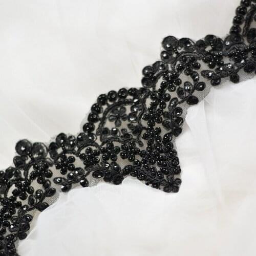 Black mesh flower rhinestones beaded lace trim Elastic lace fabric trimming Diy Wedding Dress Accessories 12cm Width