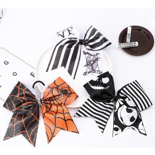 CN 6 Pcs/lots 7" Glitter Halloween Cheer Bow For Kids Girls Scary Spider Web Elastic Hair Rope Festival Party Hair Accessories