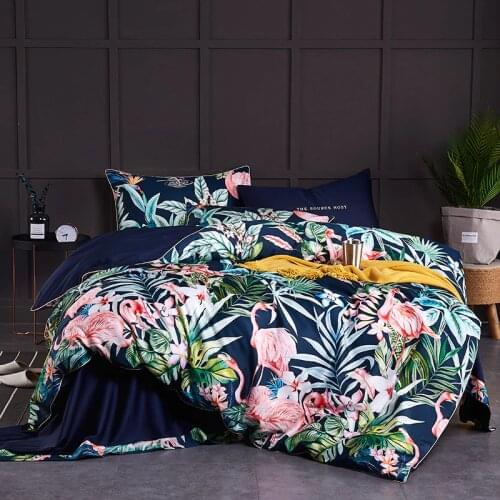 Chinoiserie style Birds Leaves printed Egyptian cotton Soft Duvet Cover Bed sheet Fitted sheet set King Queen Size Bedding Set