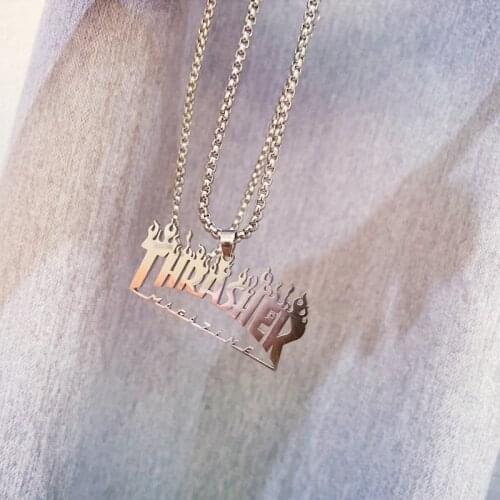 Thrasher Magazine Flame Pendant Necklace Men Titanium Stainless Steel Hip-Hop Rock Trendy Necklace for Man Jewelry