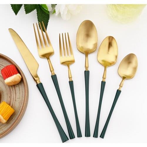 Western 6Pcs Tableware Set 304 Stainless Steel Dinnerware Green Gold Cutlery Set Dessert Fork Knives Spoon Kitchen Flatware Set