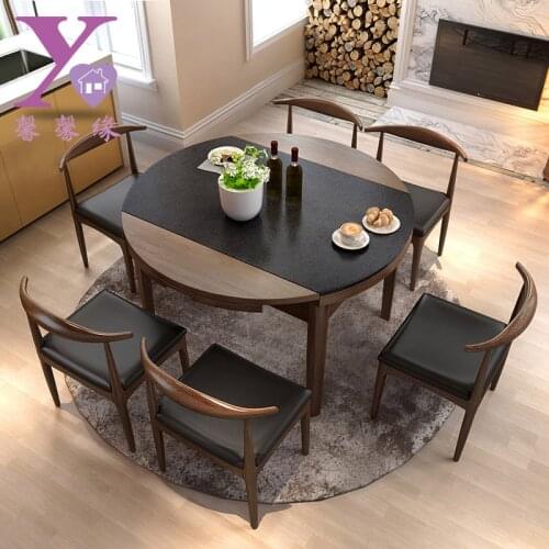 Burnt stone dining table Nordic solid wood dining table chair dining room combination marble retractable round dining table