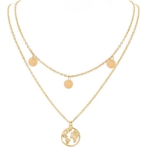 ZRM Fashion Round Hollow Multi Double Layers World Map Necklace Outdoor Travel Lover Earth Day Gifts Jewelry
