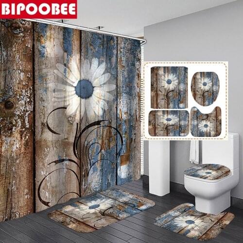 Wood Grain Printing Shower Curtain Toilet Cover White Flower Bathroom Curtains Set Non-Slip Rugs Bath Mat Carpet for Home Decor