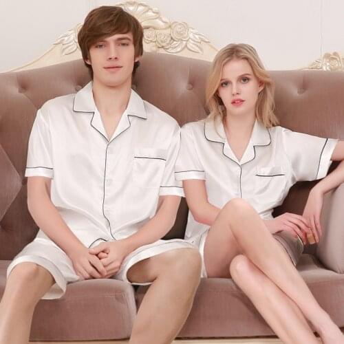 Sexy Silk Lovers Pajama Sets Spring Summer New Ice Silk Sleepwear Male Female Couple Short-Sleeve Pyjama For Men Women 1108