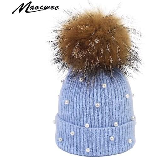 Hot Sale Knitted Winter Pompon Hats Women Cotton Pearl Beanie Ladies Warm Skullies Hats Men Solid Color Unisex Cap gorros bonnet