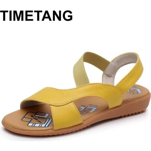 TIMETANG Cow Genuine Leather Sandals Women Flat Heel Sandals Fashion Summer Shoes Woman Sandals Summer Plus Size 34-43