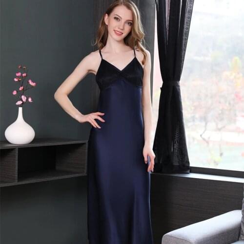 100% Silk Satin Long Women Nightgown Lace Elegant Nightdress Party Dress Chemises Full Slips Trim Nightie sp0128