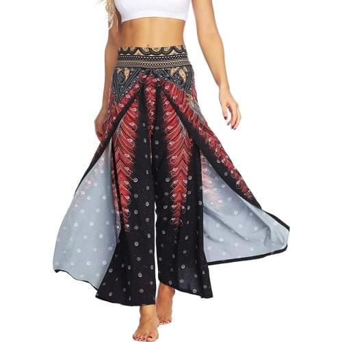 Womens Yoga Pant Boho Palazzo Slit Wide Leg Beach Pants Hippie Bohemian Pilate
