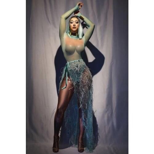 Sexy Long Sleeves Bodysuit Green Sequins Mesh Feather Long Tail Outfit Women Dancer Bar Prom Bodysuit Outfit Set