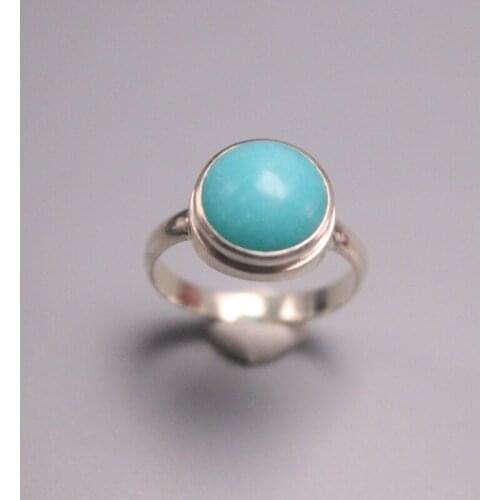 Solid S925 Sterling Silver Ring Women Luck Blue Amazonite Round Ring 12mmW US6-8 Best Gift