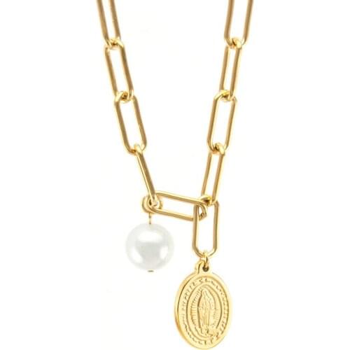 Blessed Virgen Women Necklace Natural Shell Pearl San Benito Chunky Chain Stainless Steel Heavy Duty Chain Choker Collier Collar