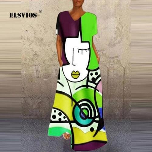 Summer Women Casual Short Sleeve V Neck Printed Multi-color Fashion Streetwear Long Dress Elegant Slim Office Lady Party Dresses
