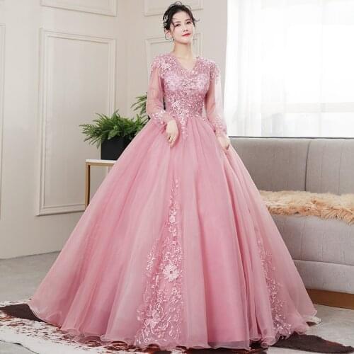Quinceanera Dresses 2021 Robe De Bal The Party Prom V-neck Long Sleeve Ball Gown Vintage Lace Embroidery Quinceanera Dress