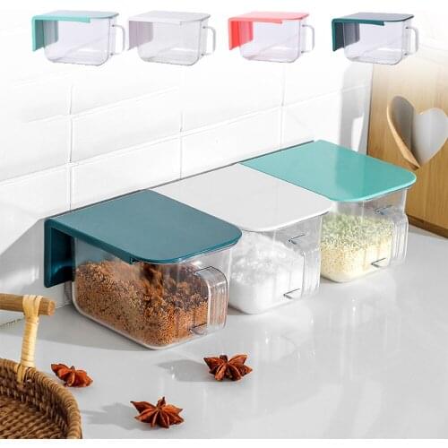 1PC Seasoning Box Punch-free Wall-mounted Seasoning Jar With Spoon Moisture-proof Dust-proof Household Kitchen Storage Gadgets