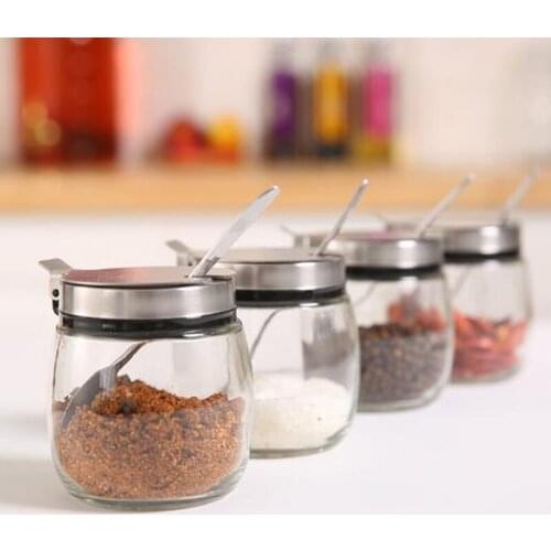 Lead-free glass bottle, stainless steel spoon and lid seasoning jar,Spice jar,Kitchen seasoning jar