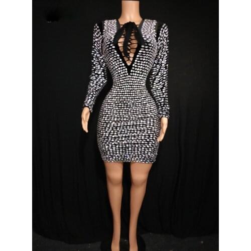 Black business Evening dress sparkly party outfit Elastic Slim Bandage Diamond Hollow Party Party Sexy Stage Bar club Costume