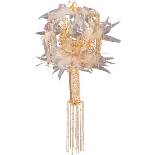 HIMSTORY Luxury Crystal Bridal Fan Cane Hand Bouquet Chinese Style Ancient Gold silk Flowers Round Wedding Bouquets Accessories