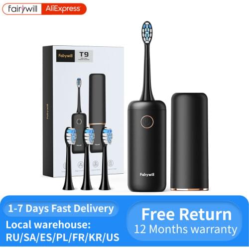 Fairywill Sonic Electric Toothbrush Smart Timer Waterproof Portable 4 Replacement Heads Travel Case USB Rechargeable For Travel