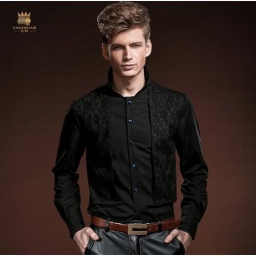 Fanzhuan Free Shipping New fashion casual black mens male courts spring lace shirt false two Mens Black Shirt 14204 On Sale