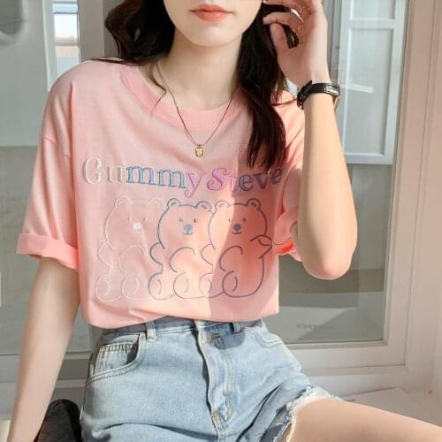 Real-Price Pink Bear Short-Sleeved T-Shirt for Womens Summer Dress Round Collar Loose Korean Embroidered Cotton INS