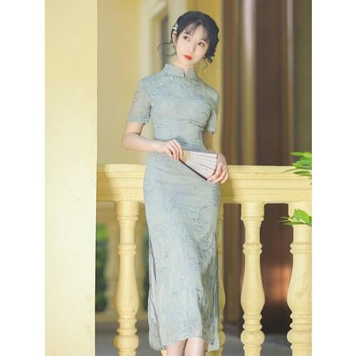 Summer New Style Chinese Style Retro Literary Old Shanghai Cheongsam Dress Half High Collar Embroidered Thin Mid-Length Dress
