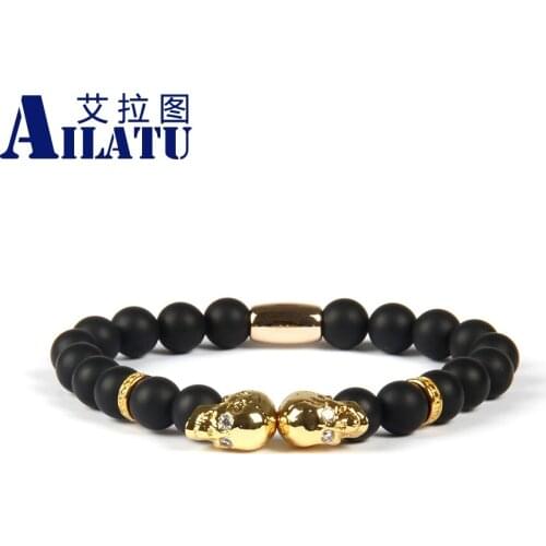 Ailatu Fashion Jewelry Wholesale 8mm Matte Onyx & White Marble Stone Beads Micro Pave Double Skull Beaded Bracelet for Men