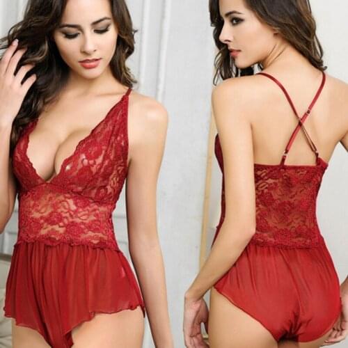 Solid Color Sexy Lace Lingerie Nightwear Womens Summer Underwear Ladies Sleepshirt Dress Deep V-Neck Dress 2020 New