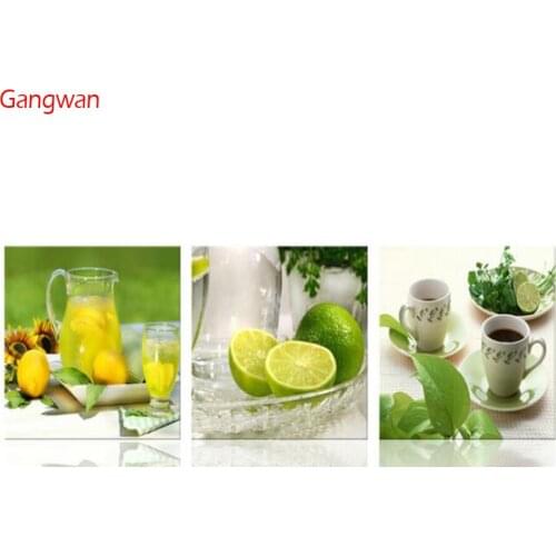 Full DIY Diamond Painting Cross Stitch Fruit Lemon Tea Diamond Embroidery 3pcs Pattern Diamond Rhinestone Mosaic kitchen Decor