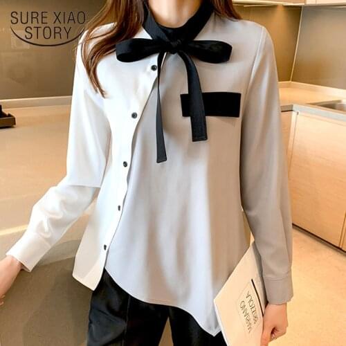 Casual Solid Long Sleeve Female Shirt 2021 Fashion Chiffon Blouse Women Bow Tie Spring Button Ladies Clothing Tops Blusas 13160