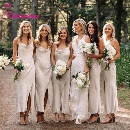 Vestido Madrinha Spaghetti Straps Bridesmaid Dresses 2020 Satin Sheath Small Slit Robe Demoiselle D'Honneur