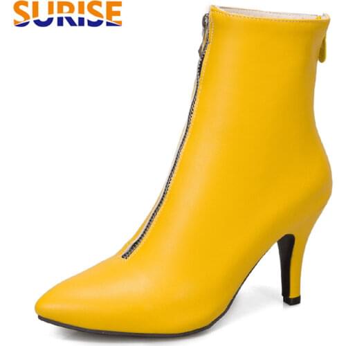 Plus Size Modern Women Ankle Boots Red Yellow Black High Thin Heels Sexy Casual Party Office Lady Pointed Toe Zipper Short Boots