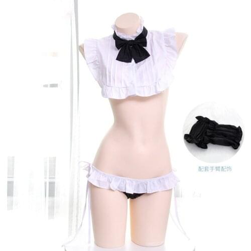 Womens Maid Style Neck Scarf Bow Tie & Ruffles Trim Panties & Gloves Set Sexy Cute Exotic Appreals