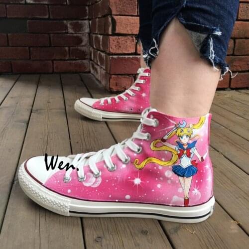 Wen Pink Anime Hand Painted Sneakers Design Custom Sailor Moon Women Mens High Top Canvas Shoes Especially for Woman Girls