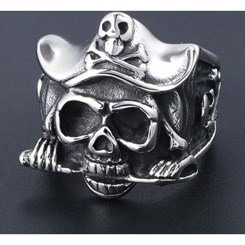 Vintage Mens Pirate Capitan Skull Ring Stainless Steel Skull Biker Ring Men Women Gothic Punk Rings Jewelry Factory Price