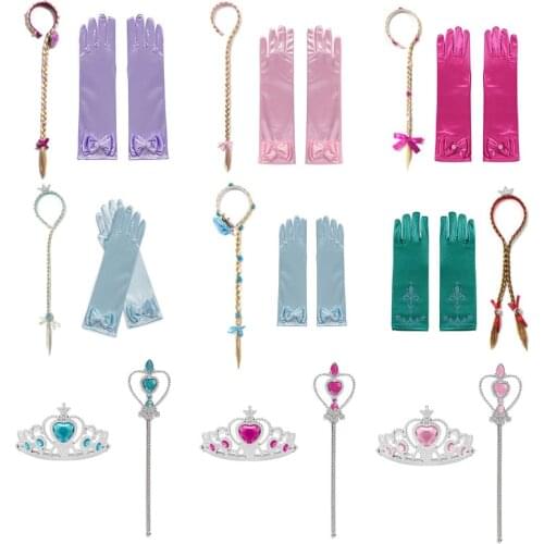 VOGUEON Princess Girls Accessories Set Kids Party Cosplay Elsa Queen Magic Wand Tiara Braid Gloves 2pcs Dress up For Anna Aurora
