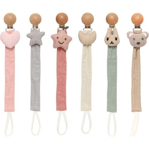 Baby Pacifier Clip Infant Newborn Cotton Wooden Pacifier Chain Nipple Soother Dummy Holder Eco-friendly Material