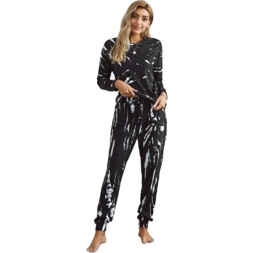 Womens Tie Dye Printed Long Sleeve Tops and Pants Long Pajamas Set Joggers PJ Sets Nightwear Loungewear Home Wear House Hold