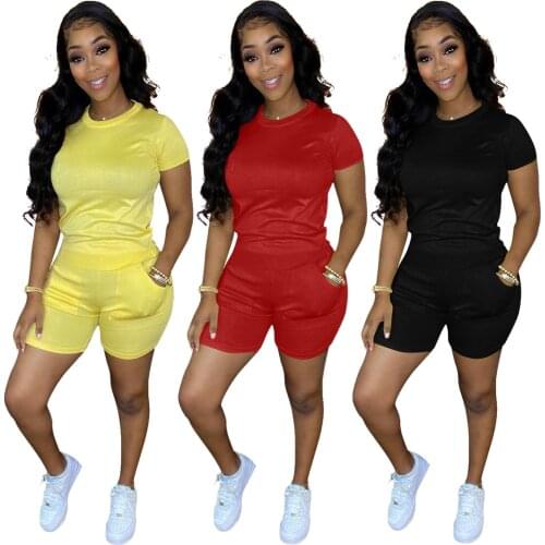 S-2XL Women Summer 2021 Fashion Casual Sport Solid Color Short Sleeve Top And Shorts Two Piece Set Wholesale Dropshipping