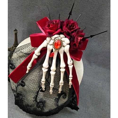 2019 Lolita Rose Ribbon Bow Hair Clip Gothic Women Steampunk Hand Bone Mesh Hair Accessories Vintage Ladies Cosplay Headwear