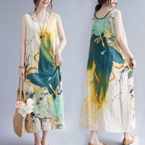 Summer Women Casual Loose A-line Long Elegant Dress Vintage Print Cotton Hemp O-neck Sexy Sleeveless Maxi Dress Vestidos