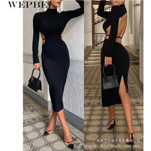 WEPBEL Womens Elegant Bodycon Dress Ladies Sexy Fashion Long Sleeve O Neck Backless Skinny Slim Fit Pencil Dress
